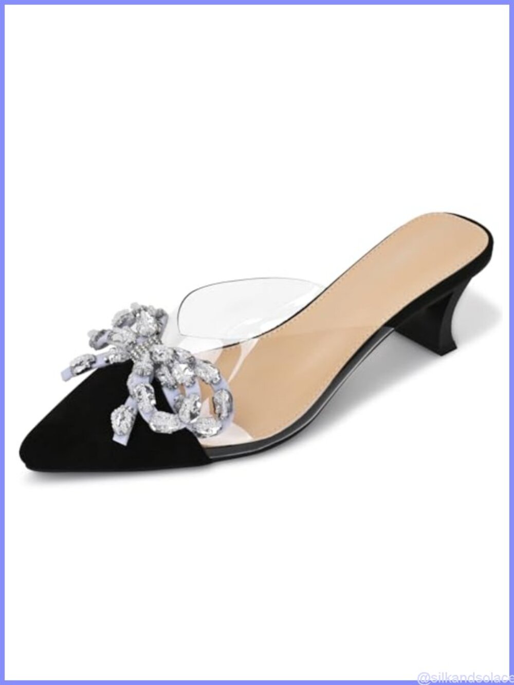 Women's Rhinestone Bow Kitten Heel Mules Pointed Toe Slip On Backless Dress